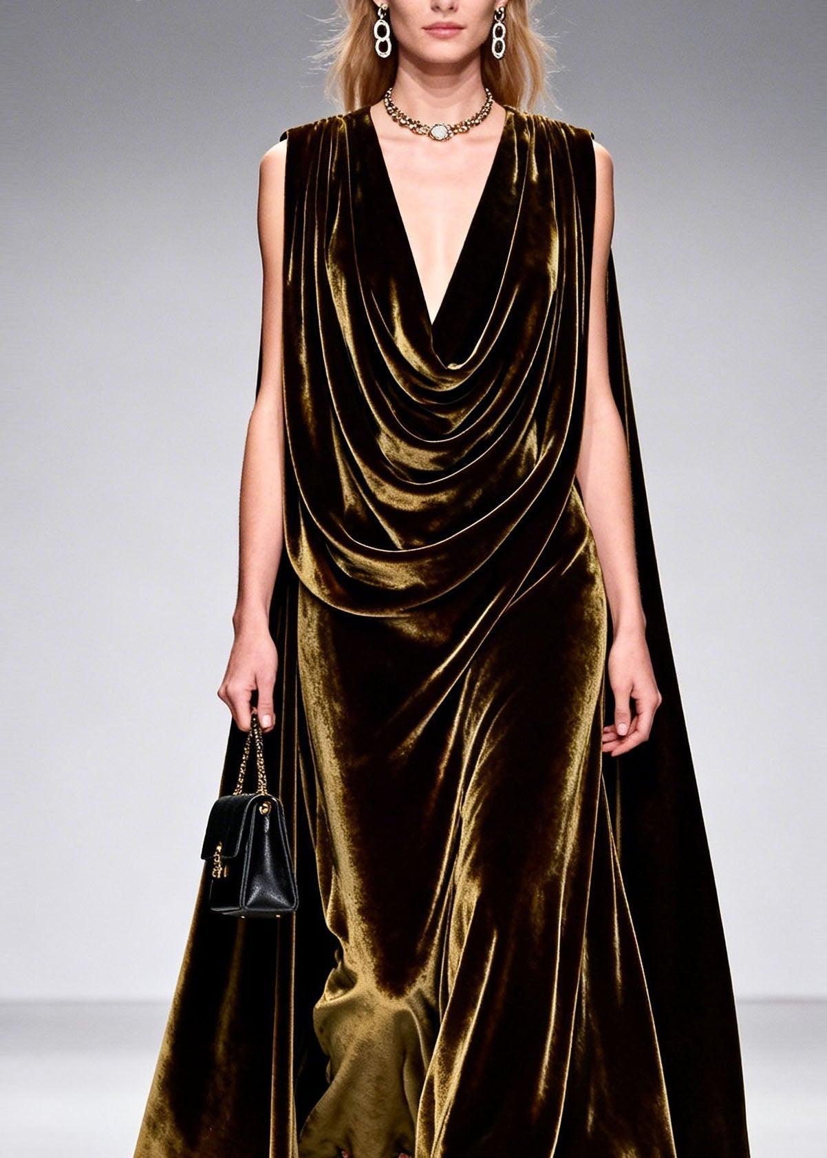 Velvet Cowl Neck Attached Cape Floral Applique Hem Sleeveless Maxi Gown