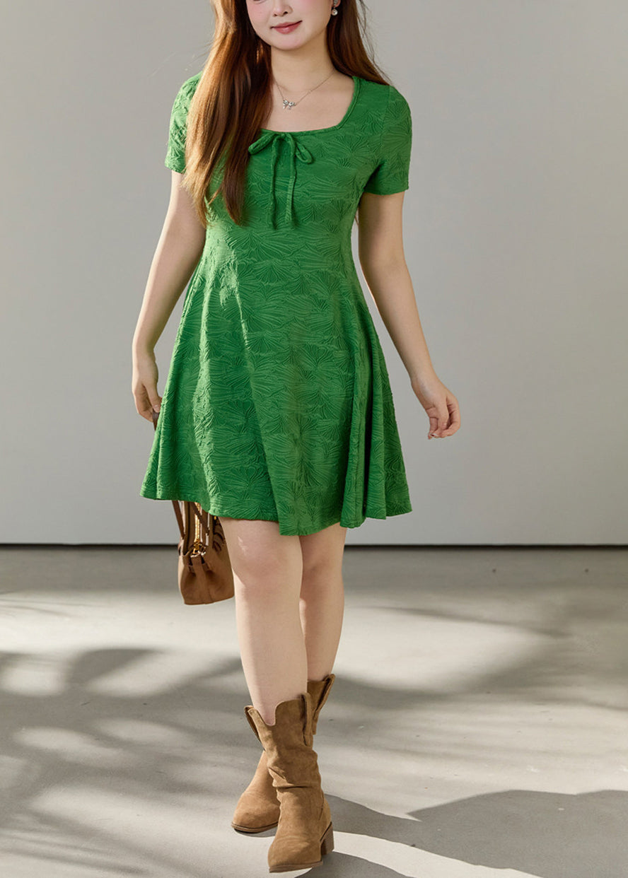 Jacquard Square Neck Tie Front Bow Short Sleeve A-Line Mini Dress