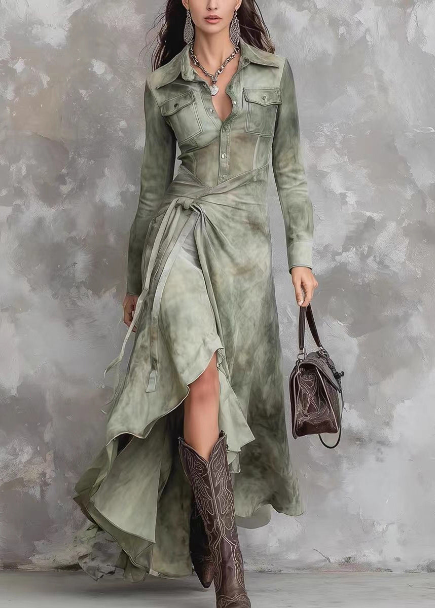 French Green Peter Pan Collar Tie Dye Lace Up Maxi Dresses Spring - View 3