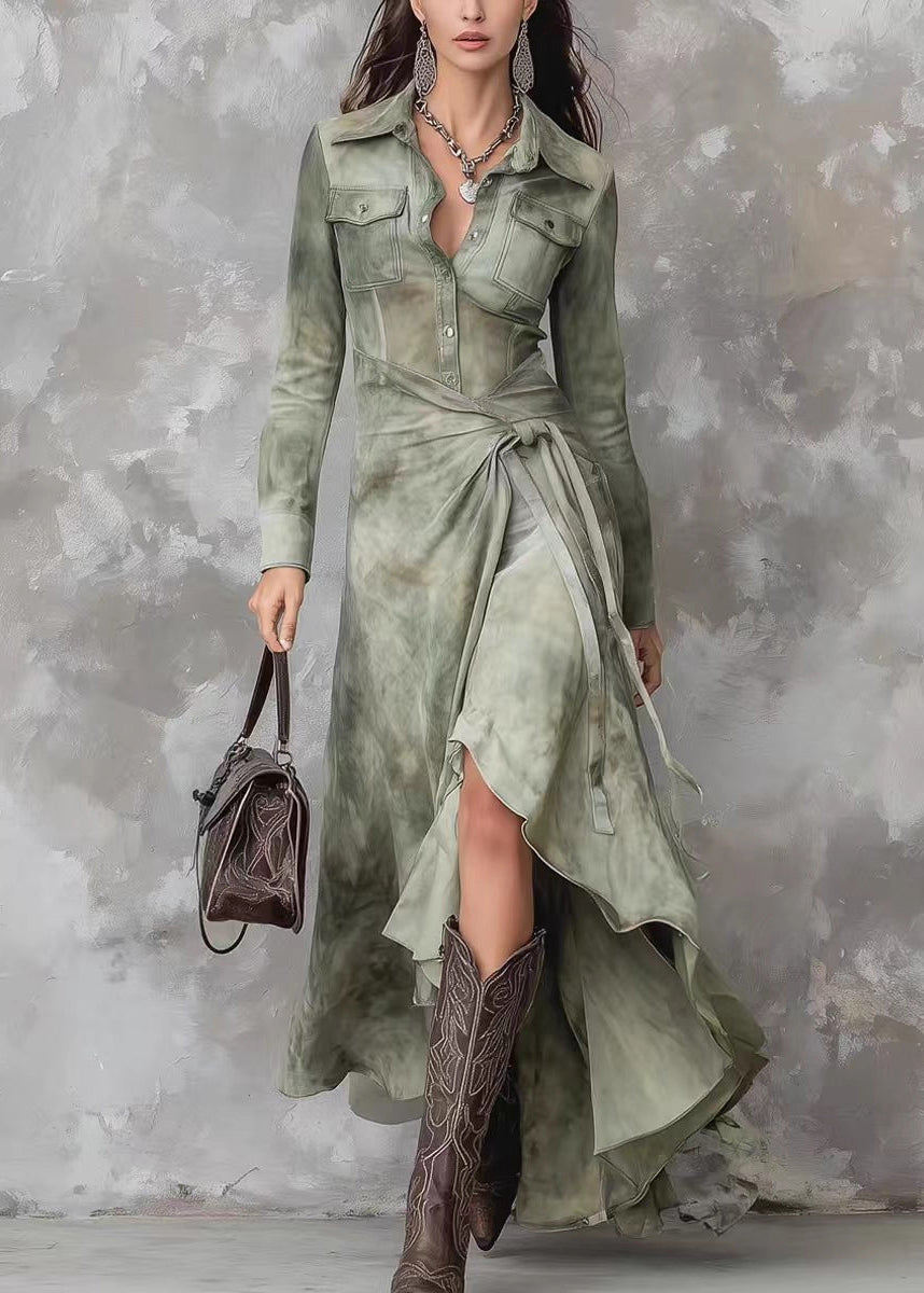 French Green Peter Pan Collar Tie Dye Lace Up Maxi Dresses Spring - View 5