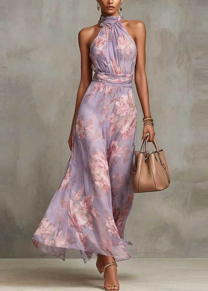 Chiffon Floral Halter Neck Ruched Waist A-Line Maxi Dress