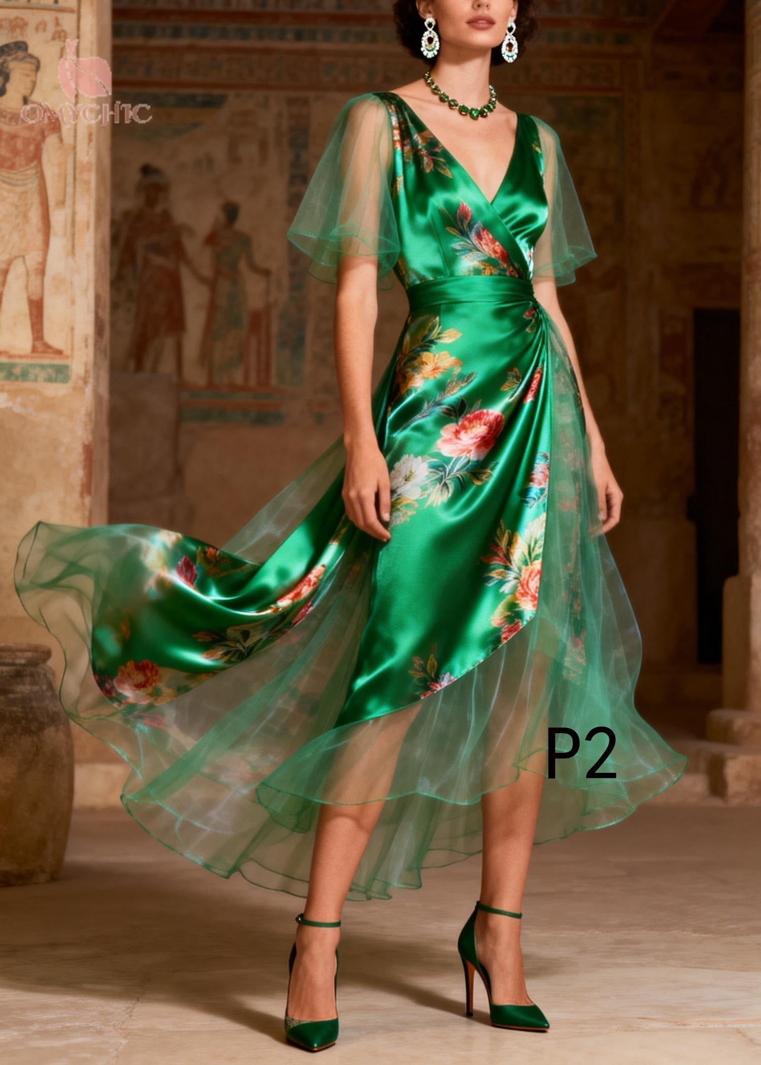 Tulle Overlay Puff Sleeve Wrap V-Neck Satin A-Line Midi Party Dress