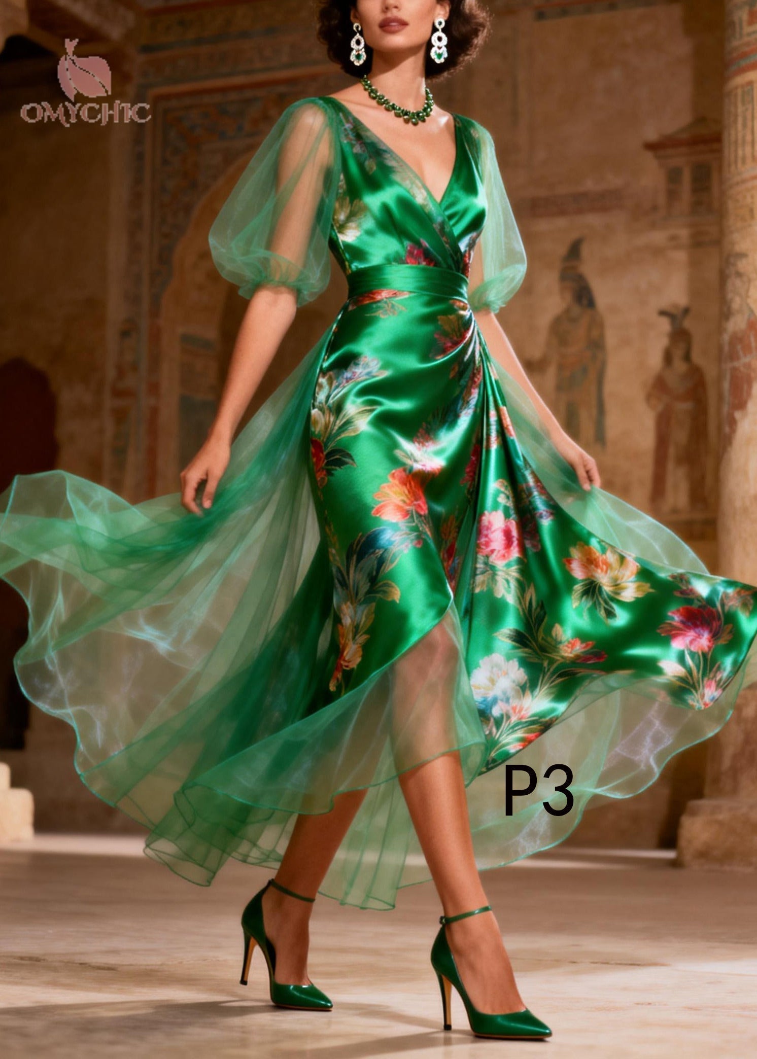 Tulle Overlay Puff Sleeve Wrap V-Neck Satin A-Line Midi Party Dress