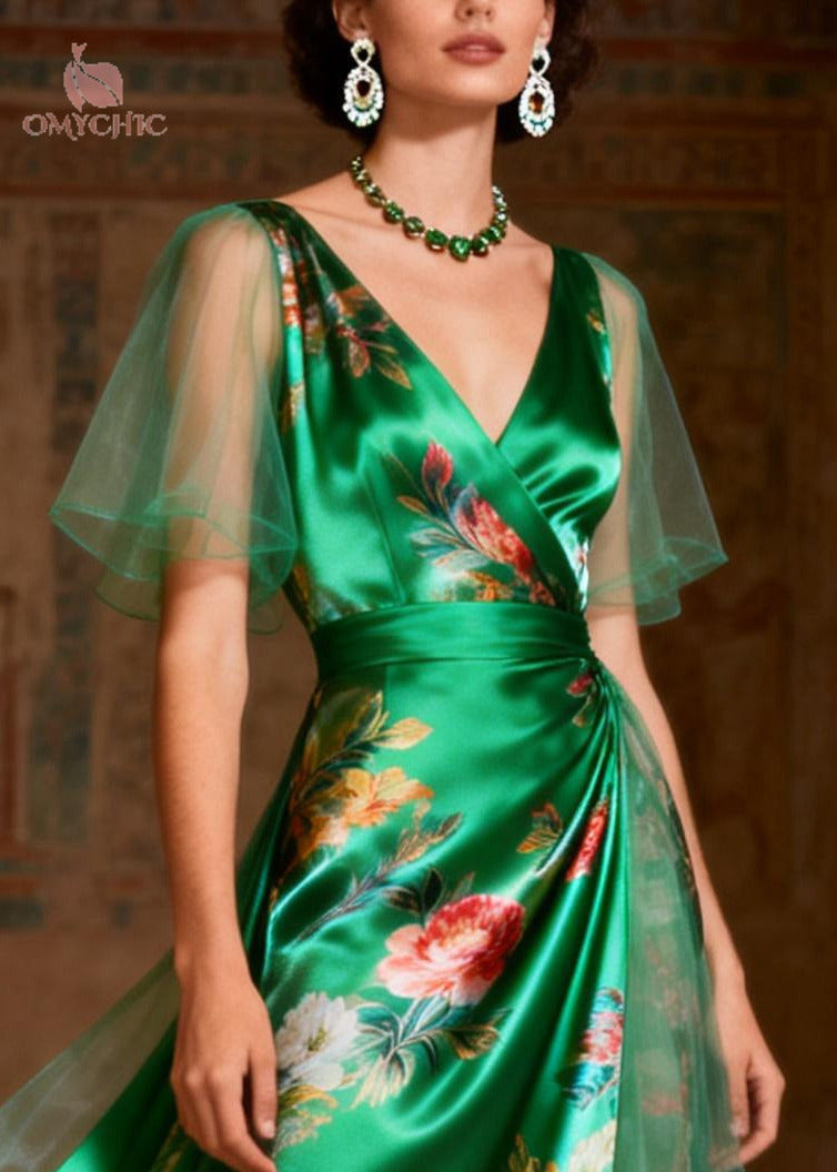 Tulle Overlay Puff Sleeve Wrap V-Neck Satin A-Line Midi Party Dress