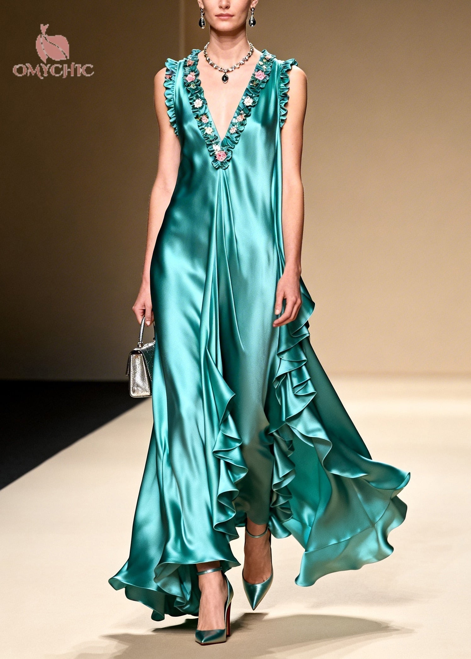 Deep V-Neck Sleeveless Ruffle Trim Satin High Low Maxi Dress