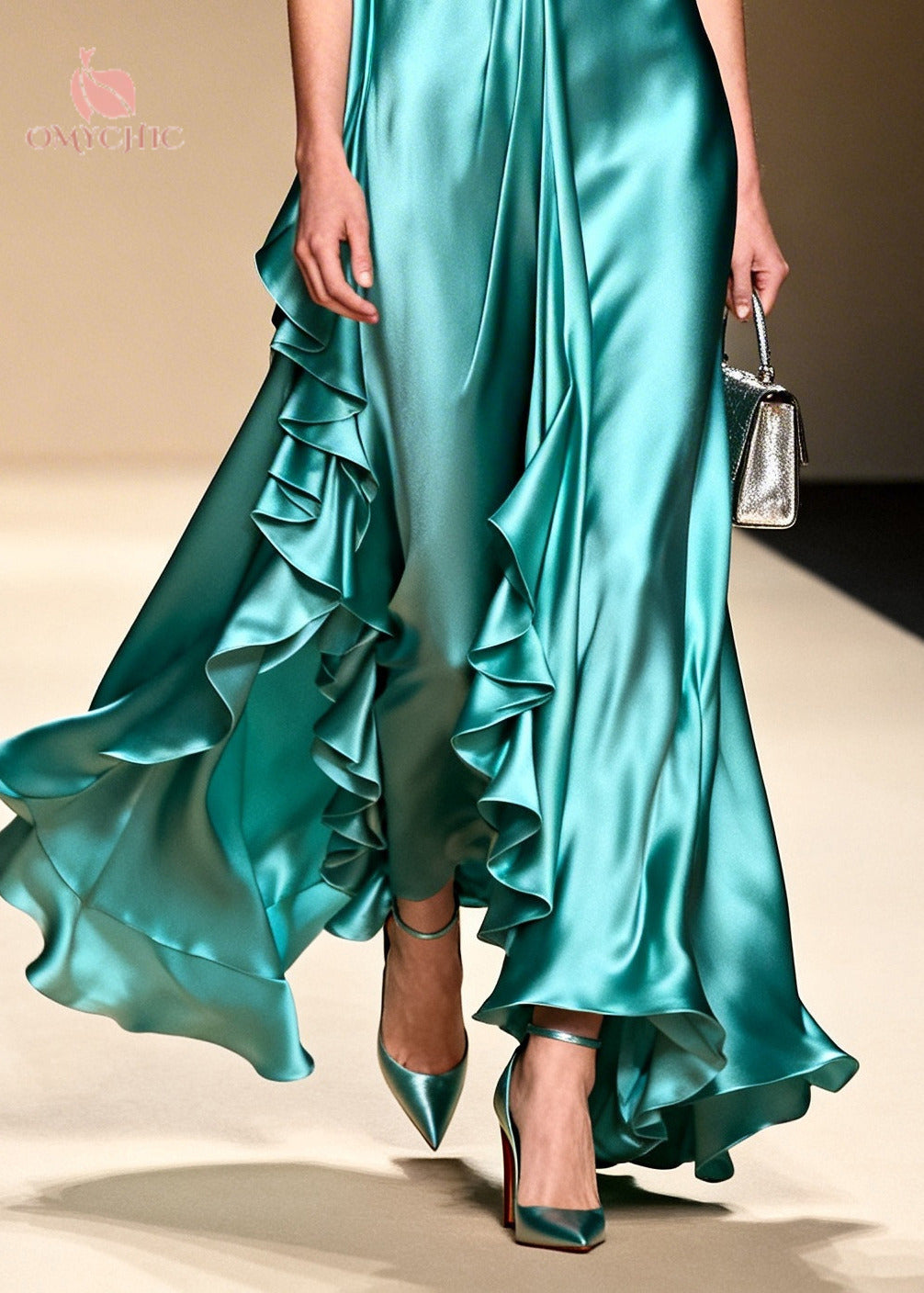Deep V-Neck Sleeveless Ruffle Trim Satin High Low Maxi Dress