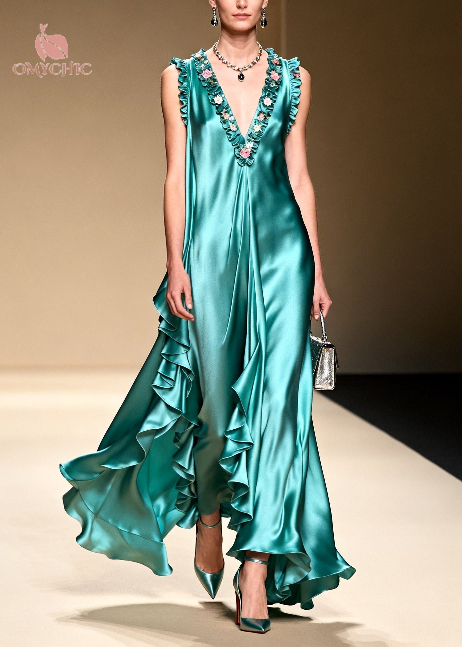 Deep V-Neck Sleeveless Ruffle Trim Satin High Low Maxi Dress