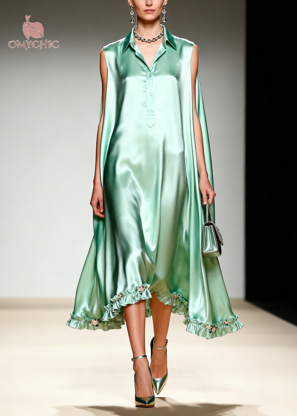 Satin Collared Sleeveless High Low Ruffle Hem Midi Dress - View 5