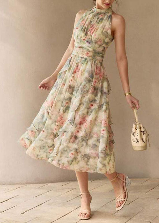 Floral Print Halter Neck Sleeveless Ruched Waist Ruffle Chiffon Midi Dress