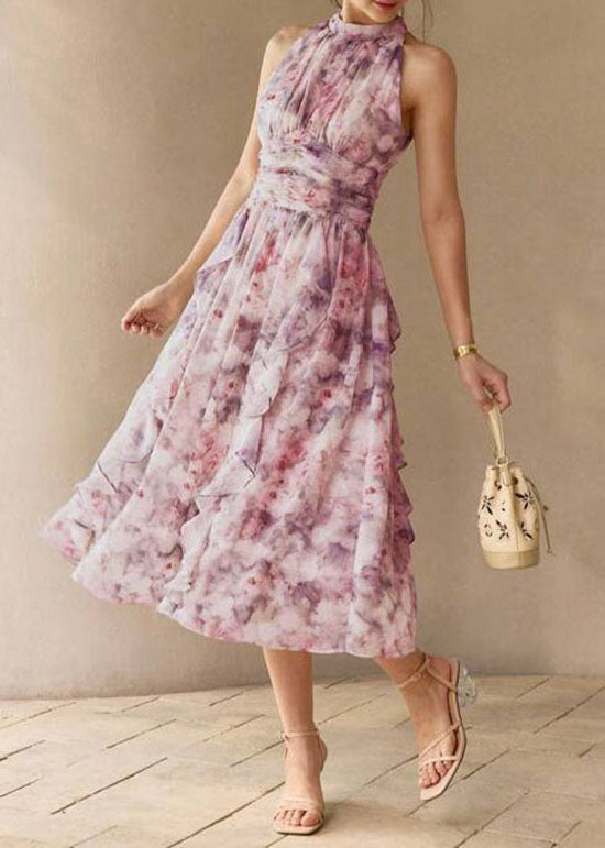 French Green Ruffled Print Chiffon Dresses Sleeveless - View 2