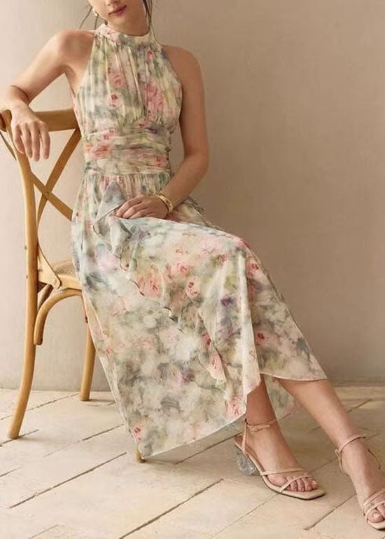 French Green Ruffled Print Chiffon Dresses Sleeveless - View 3