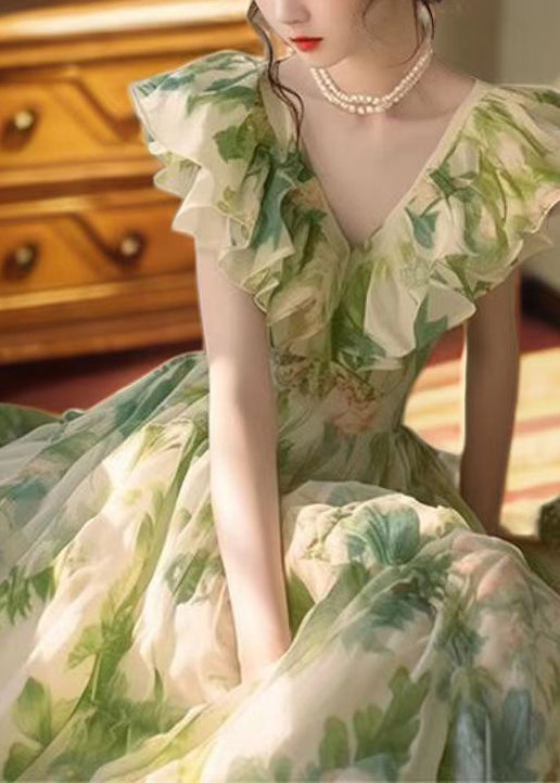 V-Neck Flutter Sleeve Ruffle Floral Print Chiffon Maxi Dress