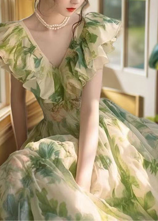 V-Neck Flutter Sleeve Ruffle Floral Print Chiffon Maxi Dress