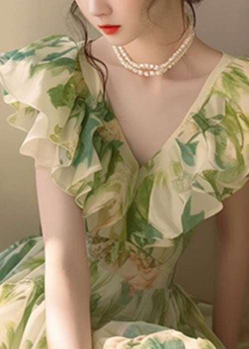 V-Neck Flutter Sleeve Ruffle Floral Print Chiffon Maxi Dress