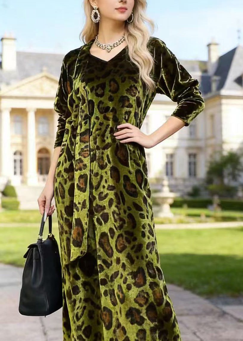 Leopard Print Velvet V-Neck Long Sleeve Tie Waist Side Split Midi Dress