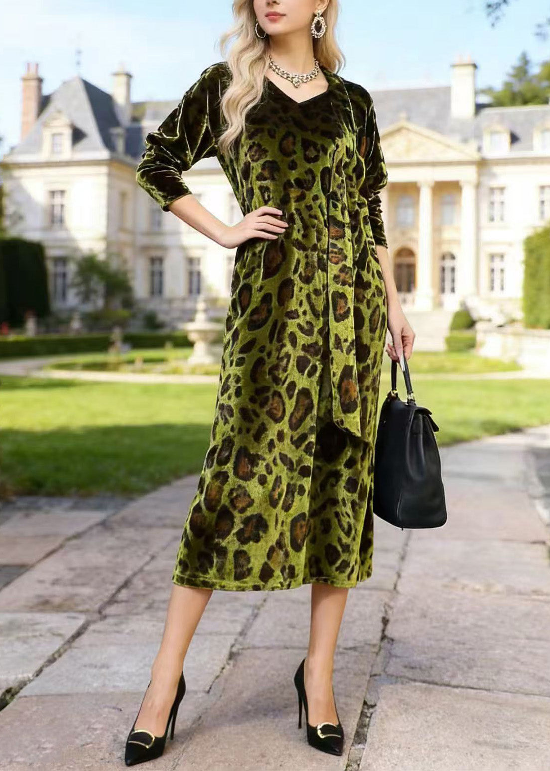 Leopard Print Velvet V-Neck Long Sleeve Tie Waist Side Split Midi Dress