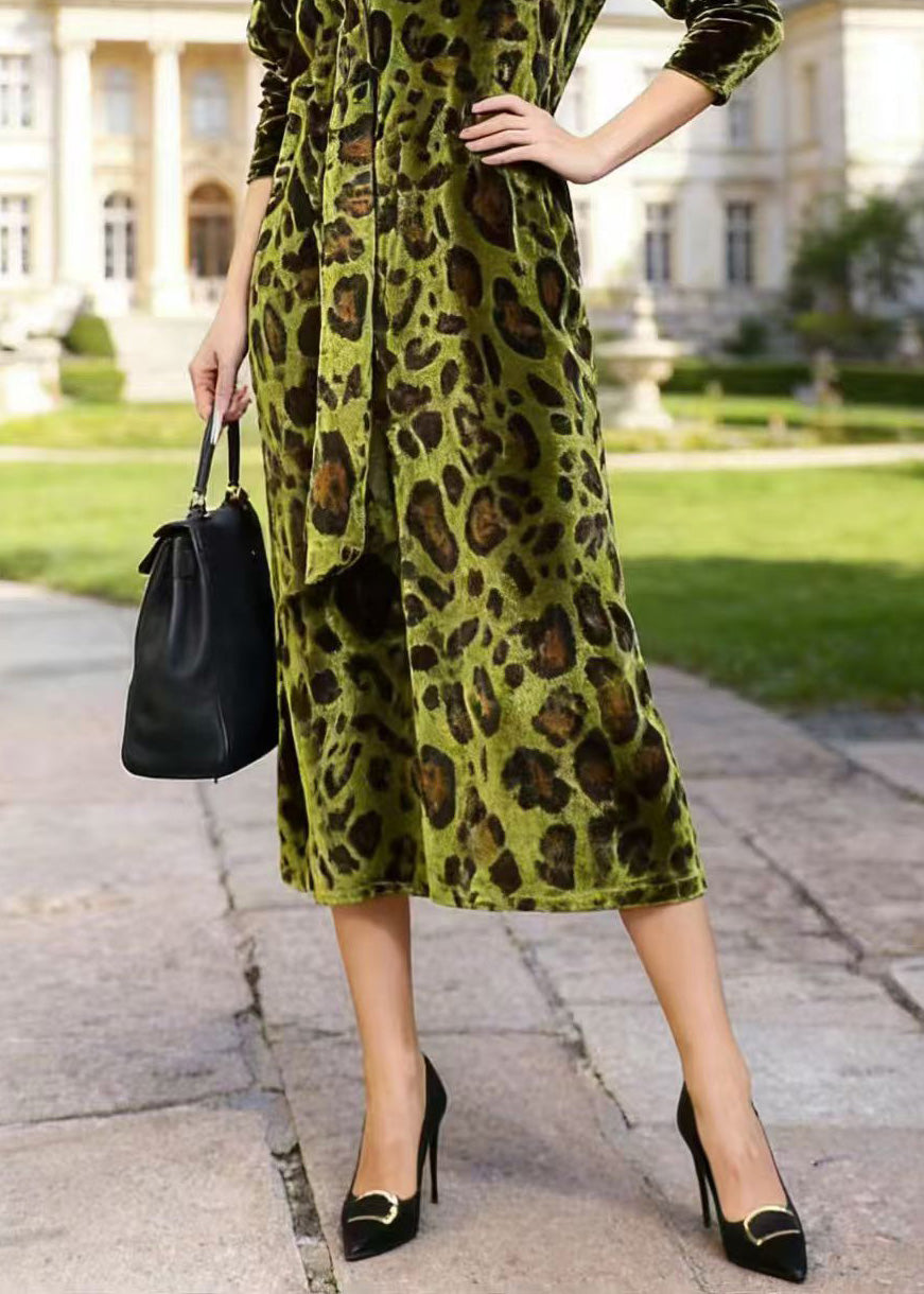 Leopard Print Velvet V-Neck Long Sleeve Tie Waist Side Split Midi Dress