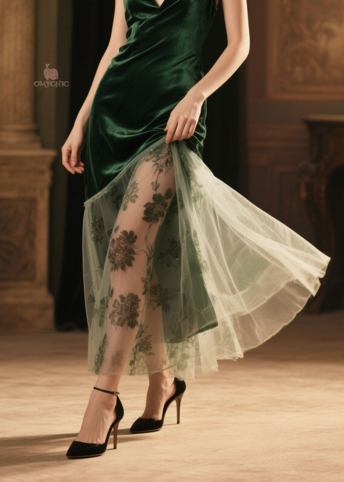 French Green V Neck Patchwork Velvet Spaghetti Strap Dress Summer - View 4