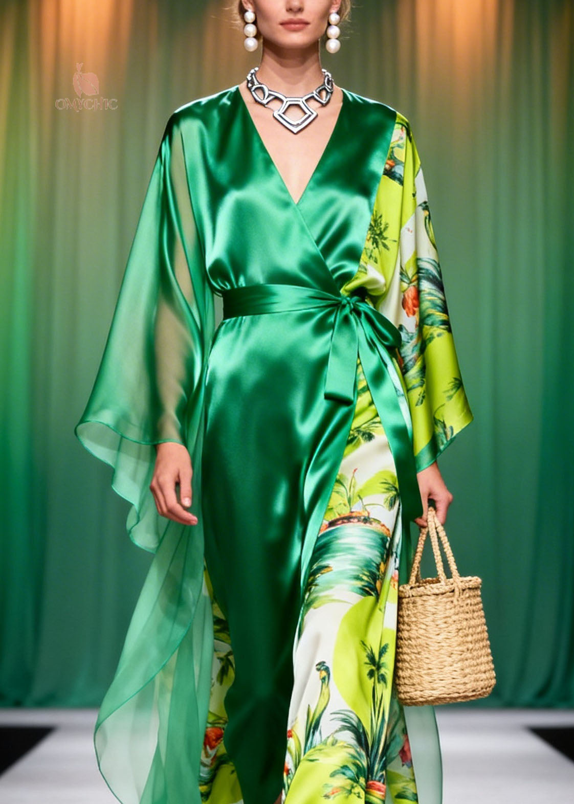 Tropical Print Wrap V-Neck Sheer Cape Sleeve Tie Waist Maxi Dress