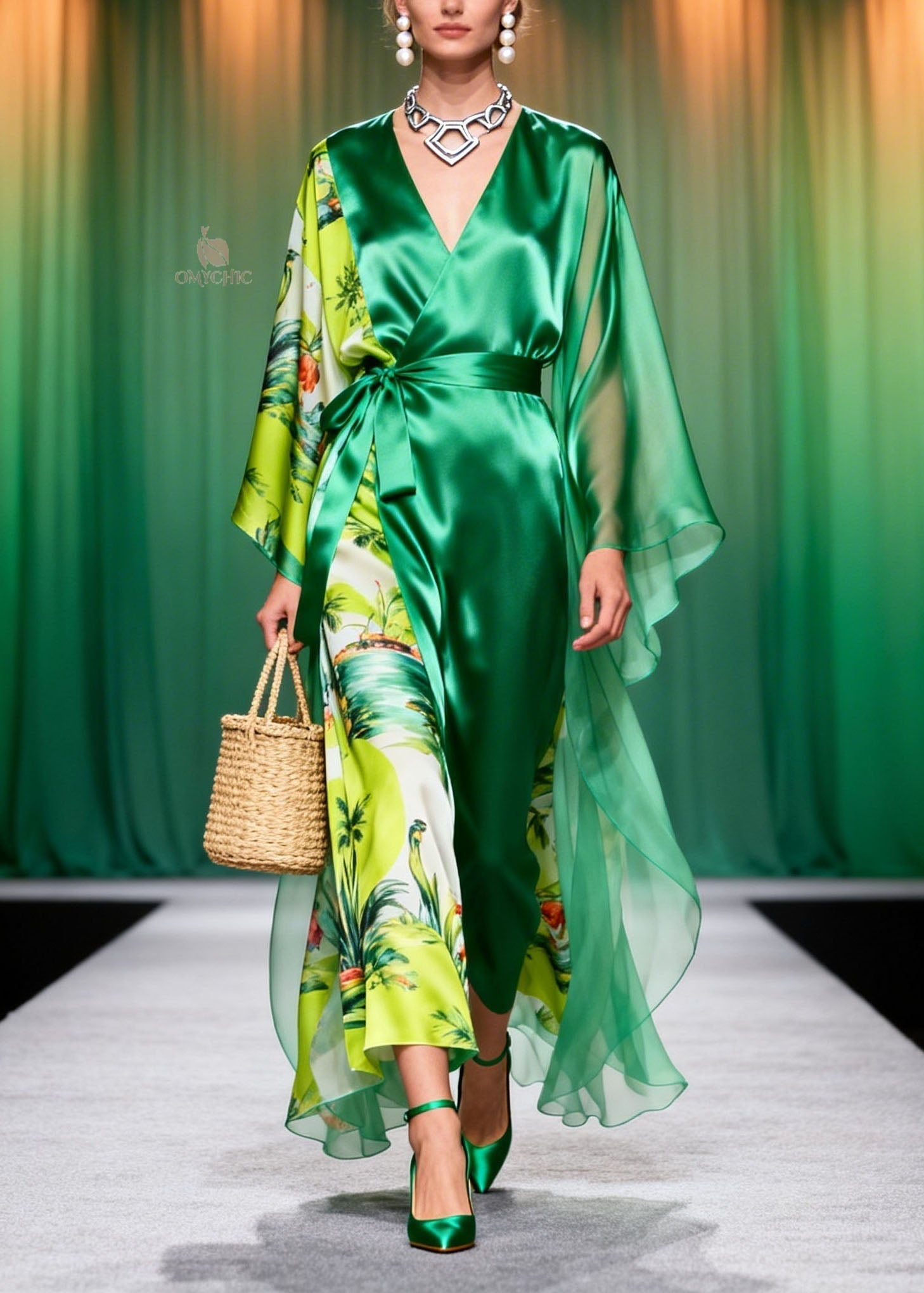 Tropical Print Wrap V-Neck Sheer Cape Sleeve Tie Waist Maxi Dress