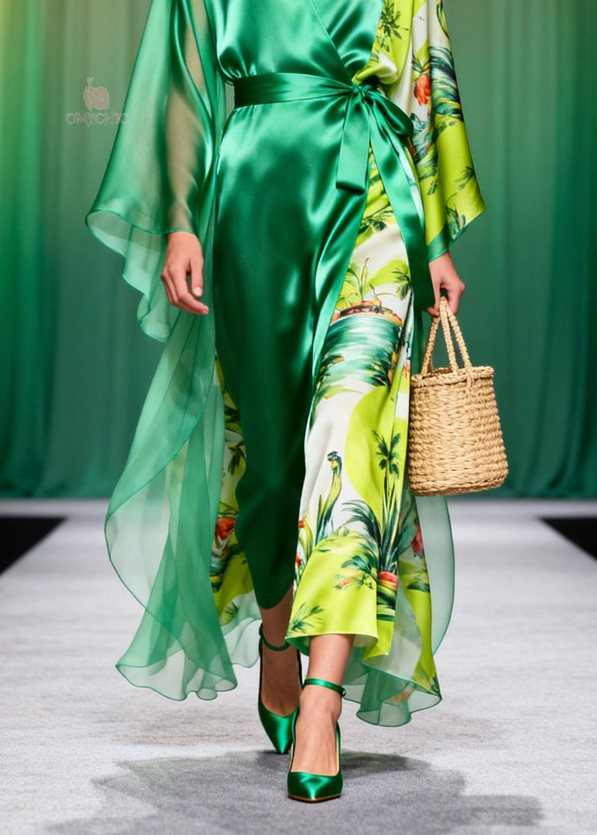 Tropical Print Wrap V-Neck Sheer Cape Sleeve Tie Waist Maxi Dress