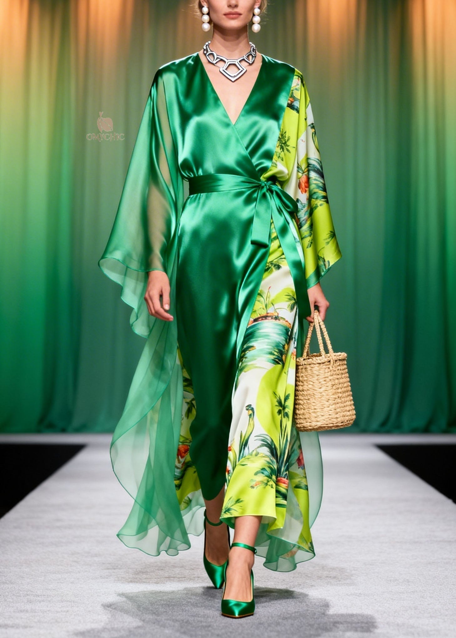 Tropical Print Wrap V-Neck Sheer Cape Sleeve Tie Waist Maxi Dress