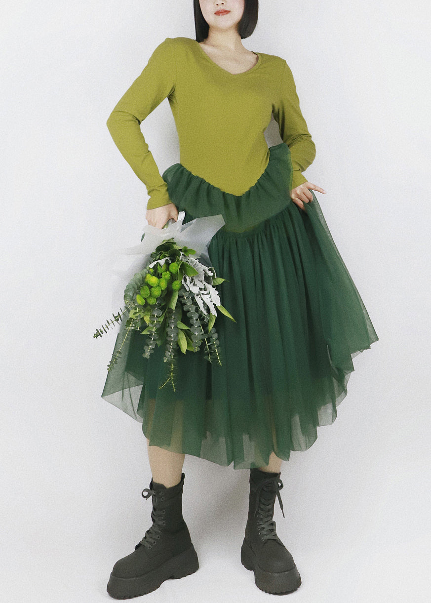 V-Neck Long Sleeve Knit Tulle Pointed Waist Ruffle Midi Dress
