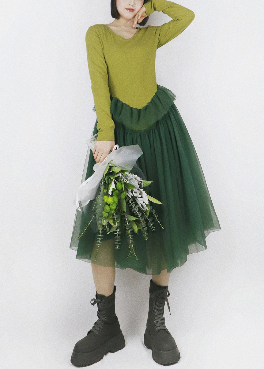 V-Neck Long Sleeve Knit Tulle Pointed Waist Ruffle Midi Dress