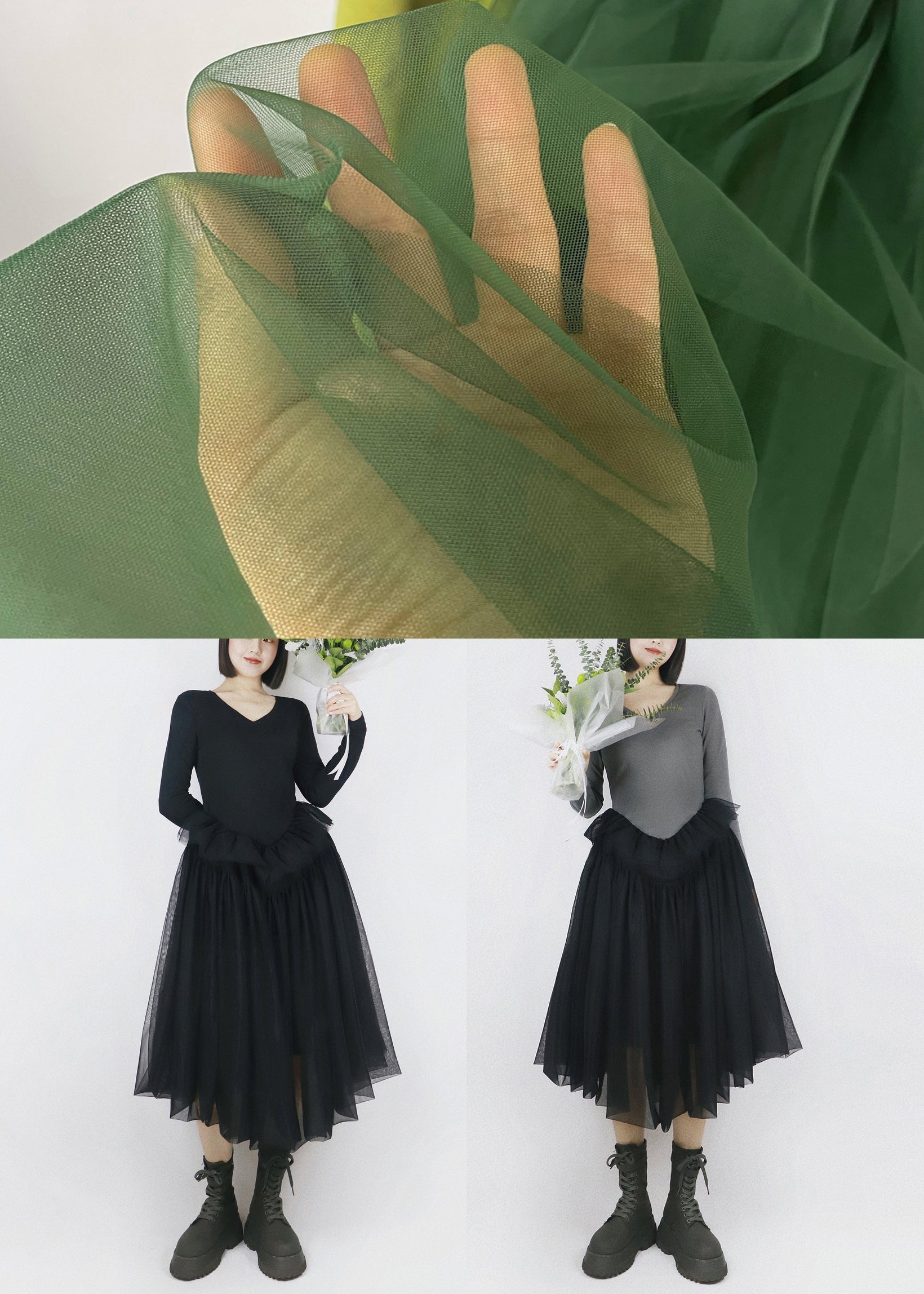 V-Neck Long Sleeve Knit Tulle Pointed Waist Ruffle Midi Dress