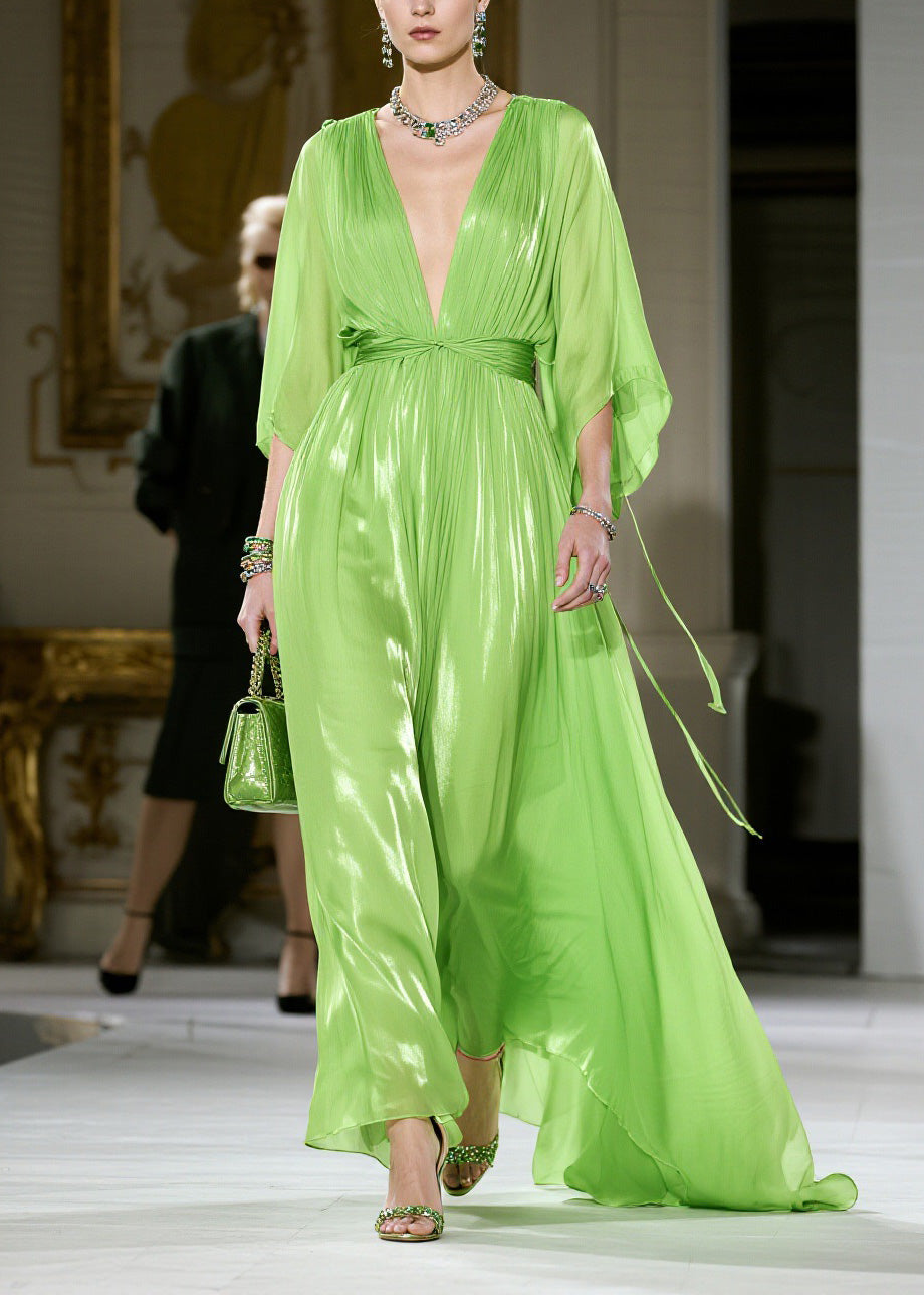 Metallic Pleated Deep V-Neck Butterfly Sleeve Tie Waist Maxi Gown