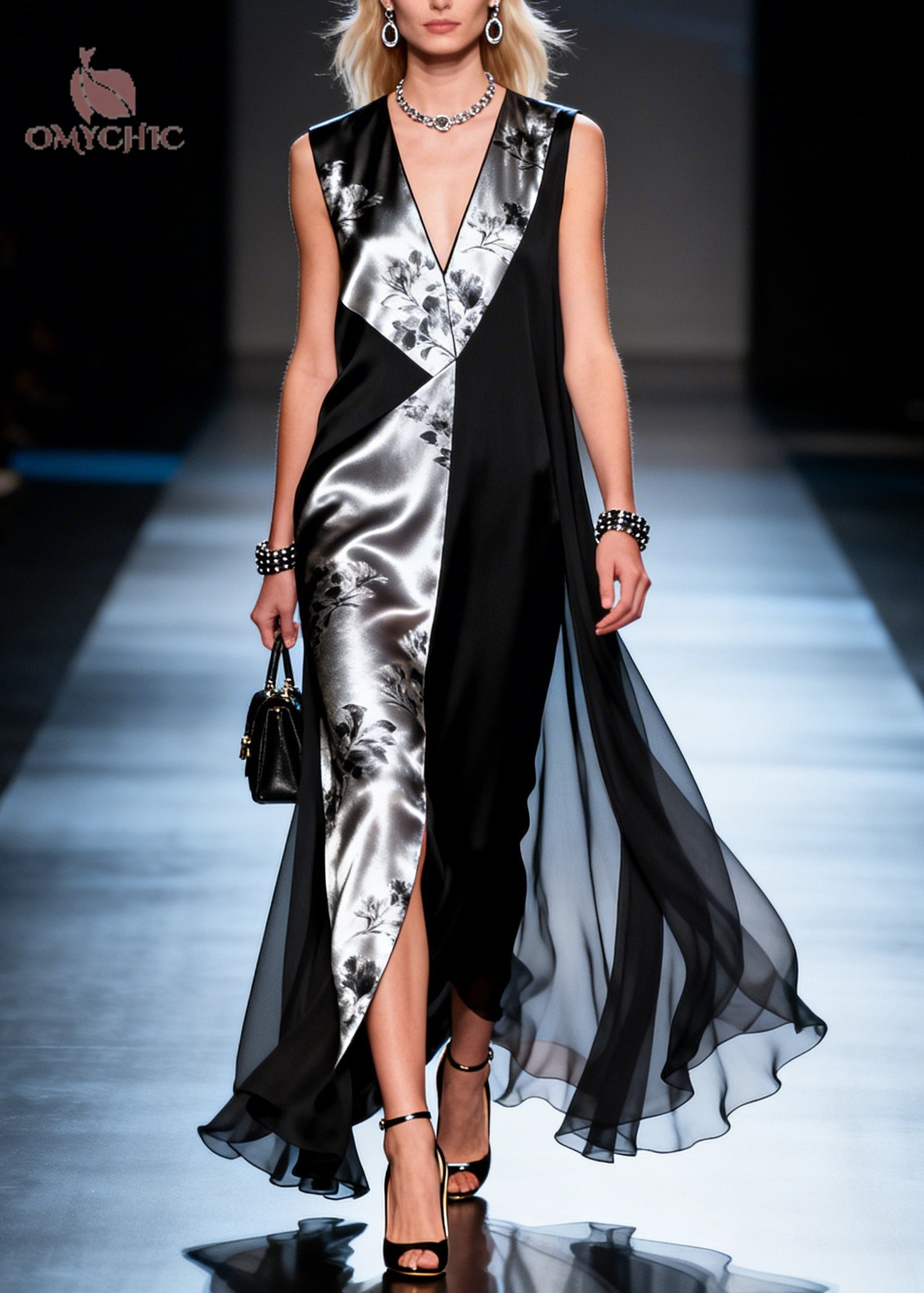 Metallic Floral Panel Deep V-Neck Sleeveless High Split Cape Maxi Gown
