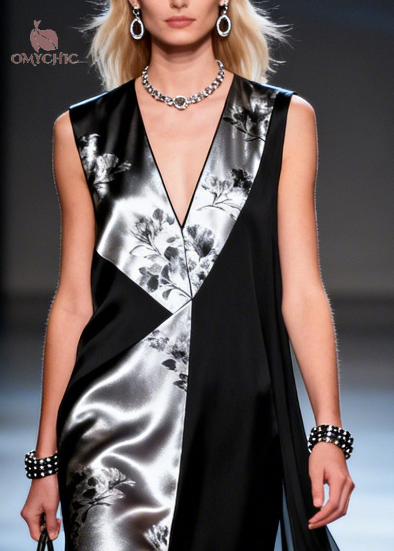 Metallic Floral Panel Deep V-Neck Sleeveless High Split Cape Maxi Gown