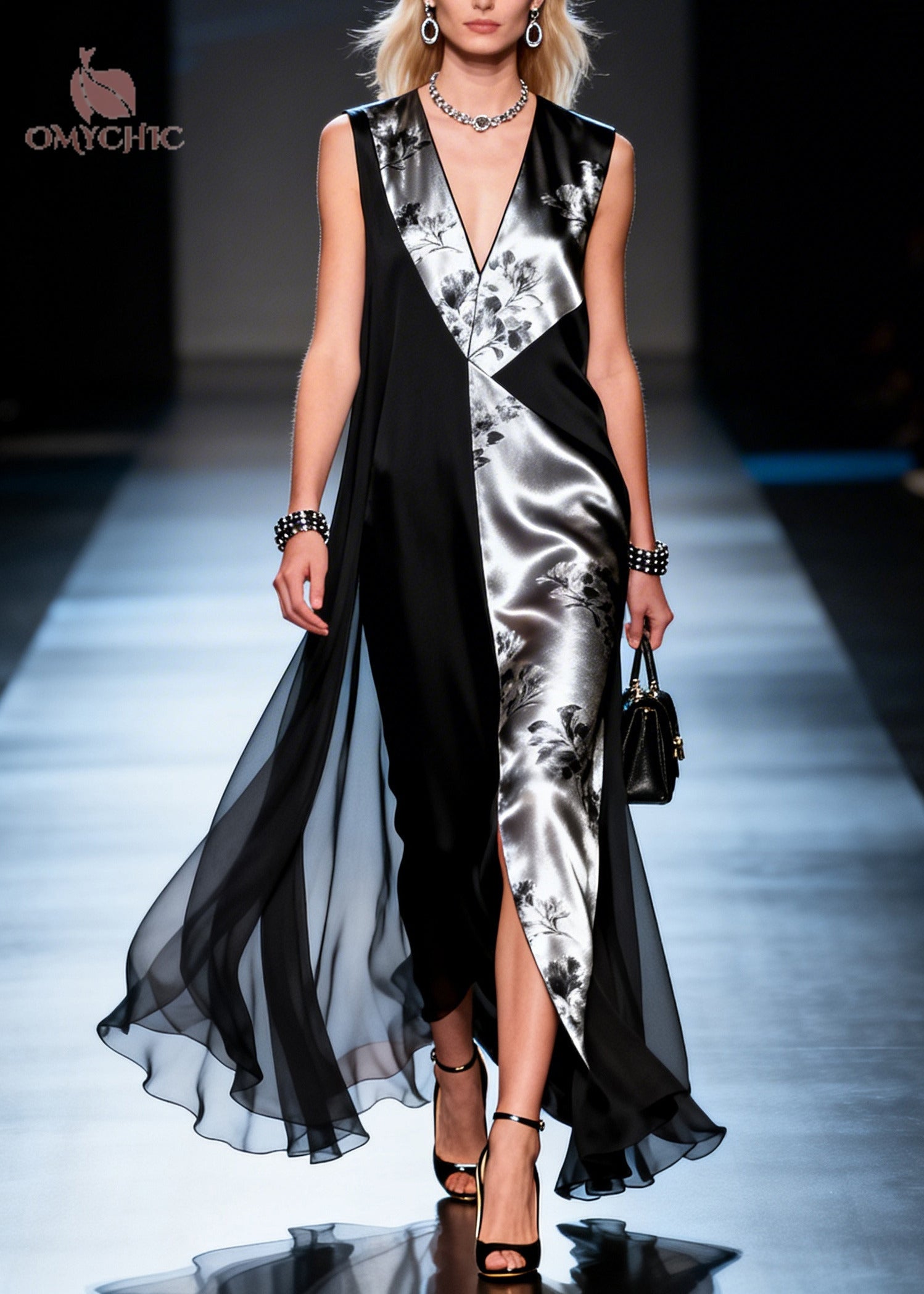Metallic Floral Panel Deep V-Neck Sleeveless High Split Cape Maxi Gown