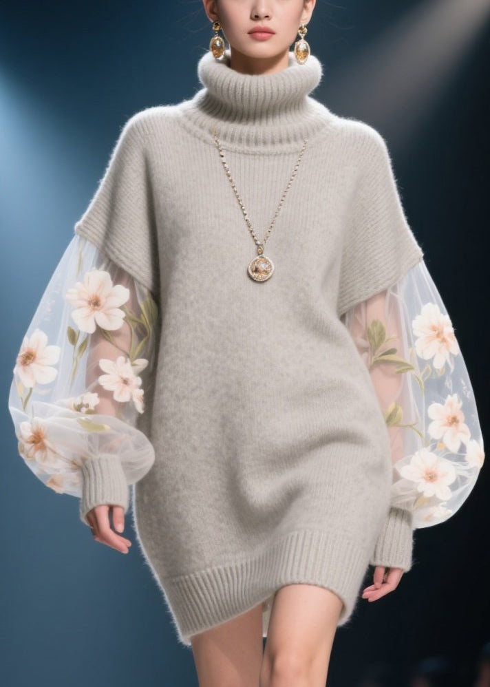 Knit Turtleneck Sheer Embroidered Floral Lantern Sleeve Mini Sweater Dress