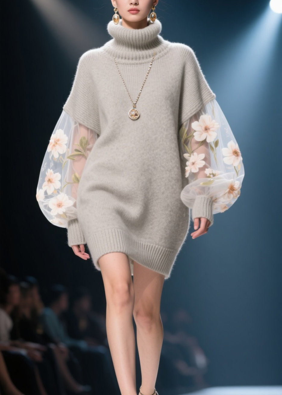 Knit Turtleneck Sheer Embroidered Floral Lantern Sleeve Mini Sweater Dress