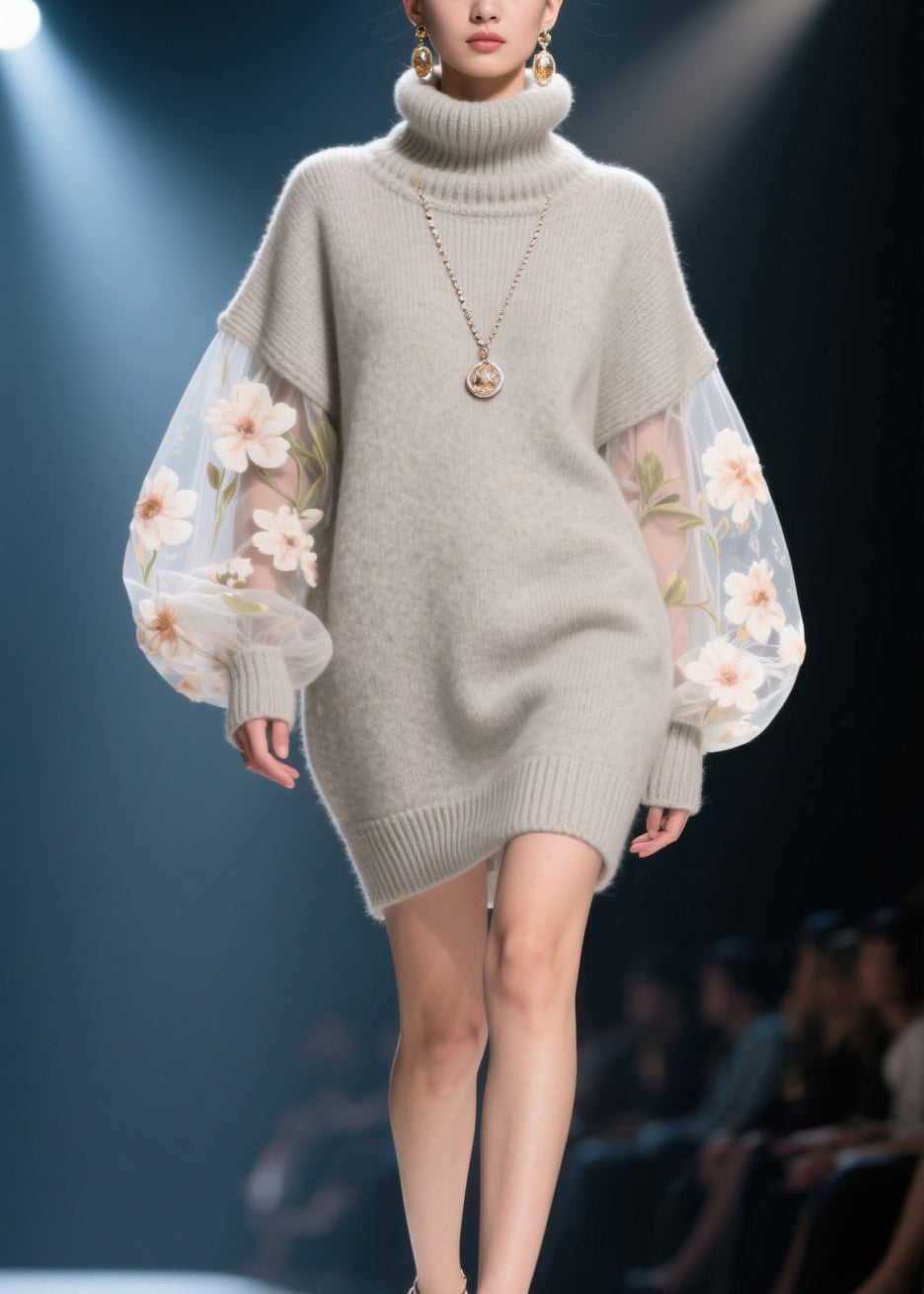 Knit Turtleneck Sheer Embroidered Floral Lantern Sleeve Mini Sweater Dress