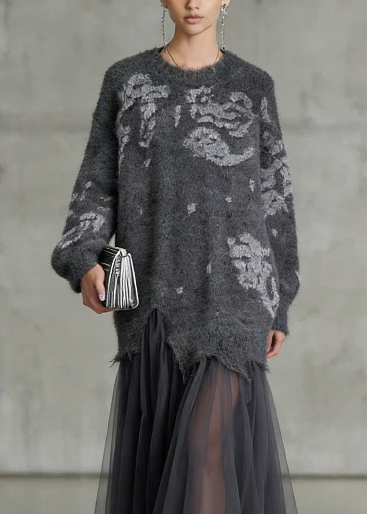 Floral Knit Tulle Patchwork Crew Neck Long Sleeve Maxi Dress