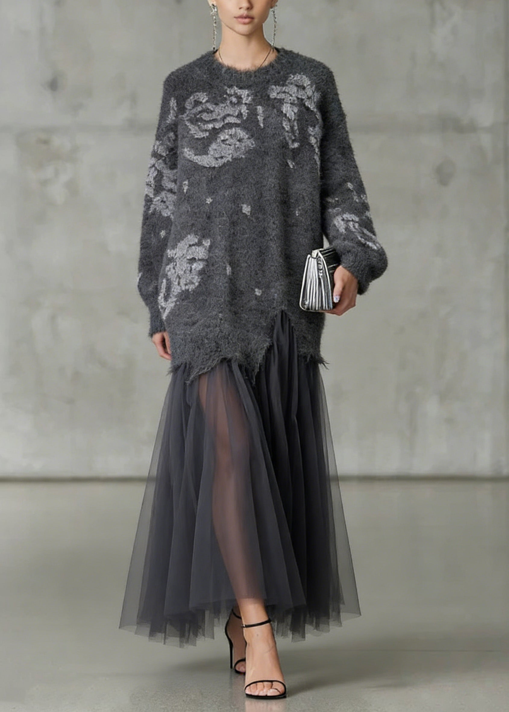Floral Knit Tulle Patchwork Crew Neck Long Sleeve Maxi Dress
