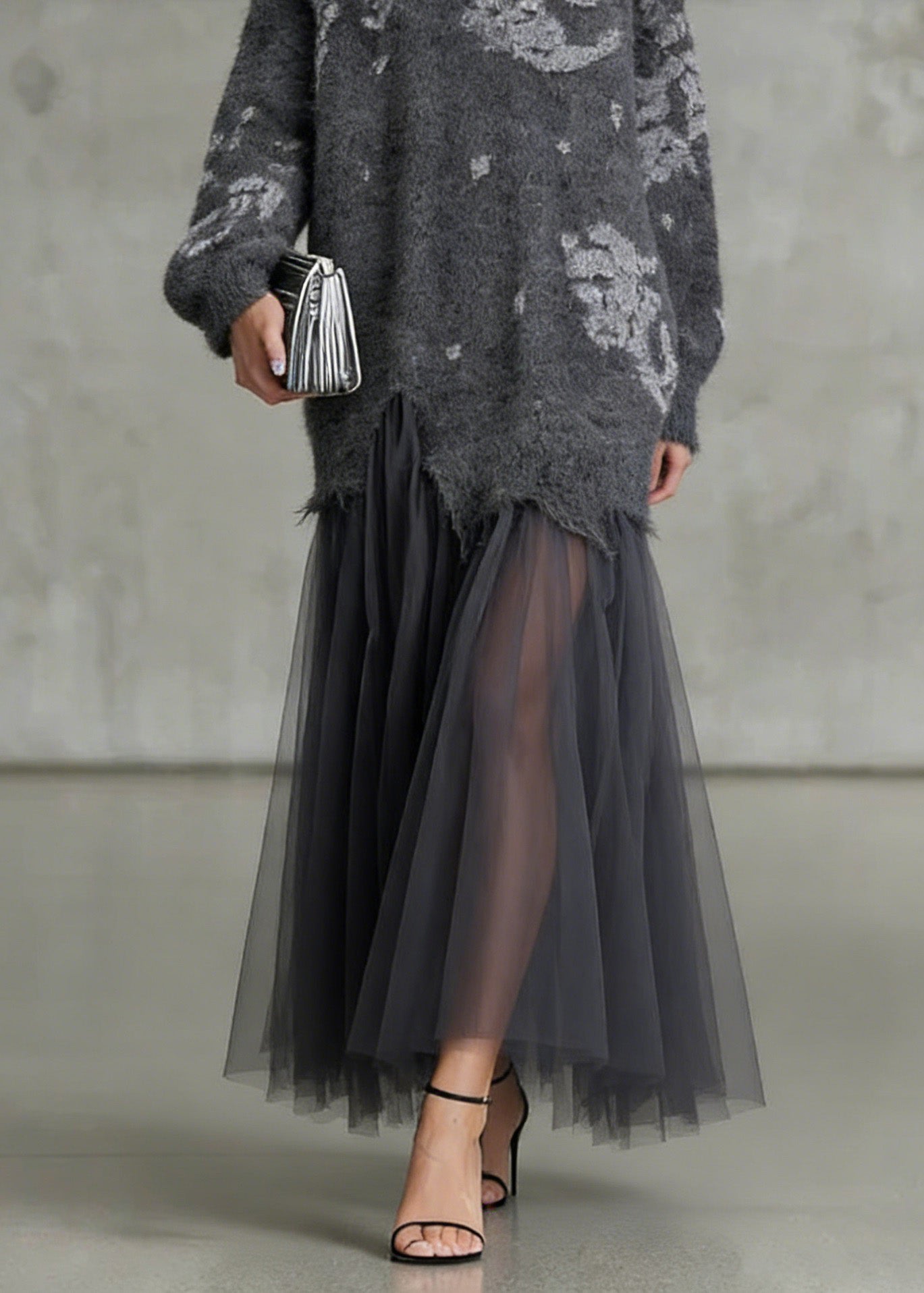 Floral Knit Tulle Patchwork Crew Neck Long Sleeve Maxi Dress