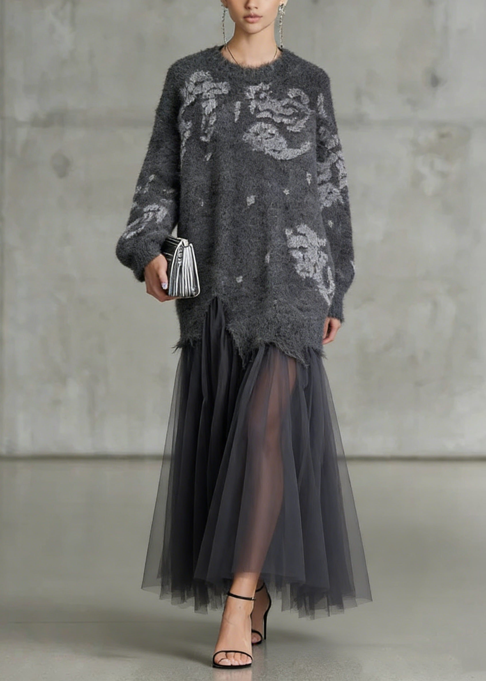 Floral Knit Tulle Patchwork Crew Neck Long Sleeve Maxi Dress
