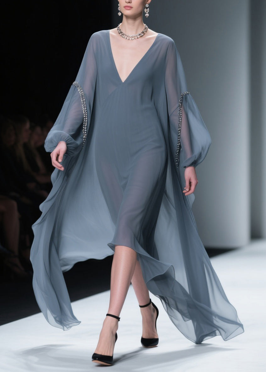 Chiffon Deep V-Neck Rhinestone Bishop Sleeve High Low Cape Overlay Maxi Gown
