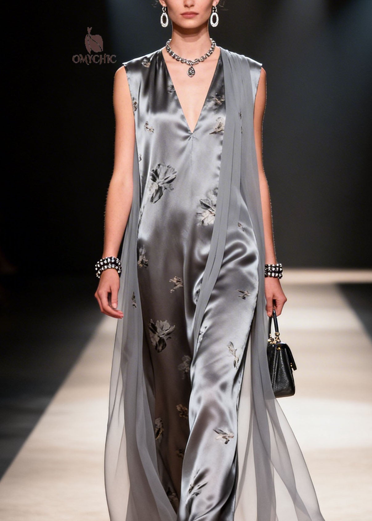 Satin Floral Print Deep V-Neck Sleeveless Sheer Cape Wide Leg Jumpsuit