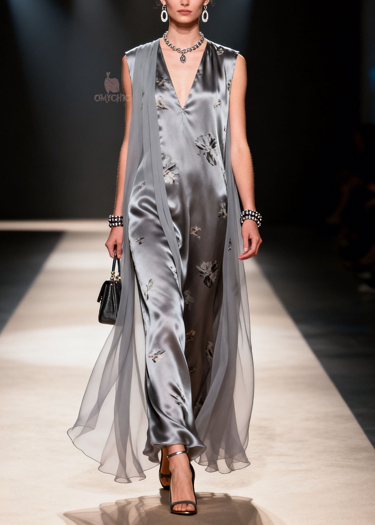 Satin Floral Print Deep V-Neck Sleeveless Sheer Cape Wide Leg Jumpsuit
