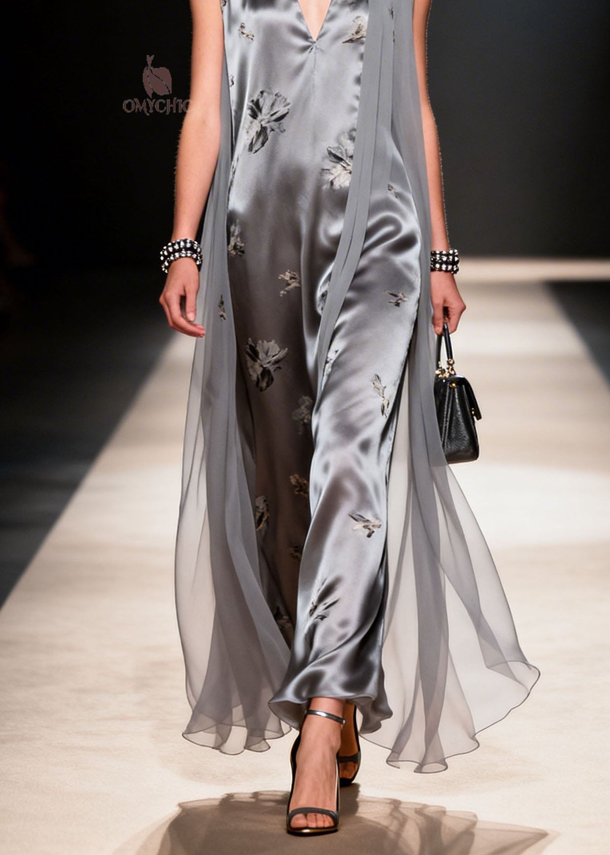 Satin Floral Print Deep V-Neck Sleeveless Sheer Cape Wide Leg Jumpsuit