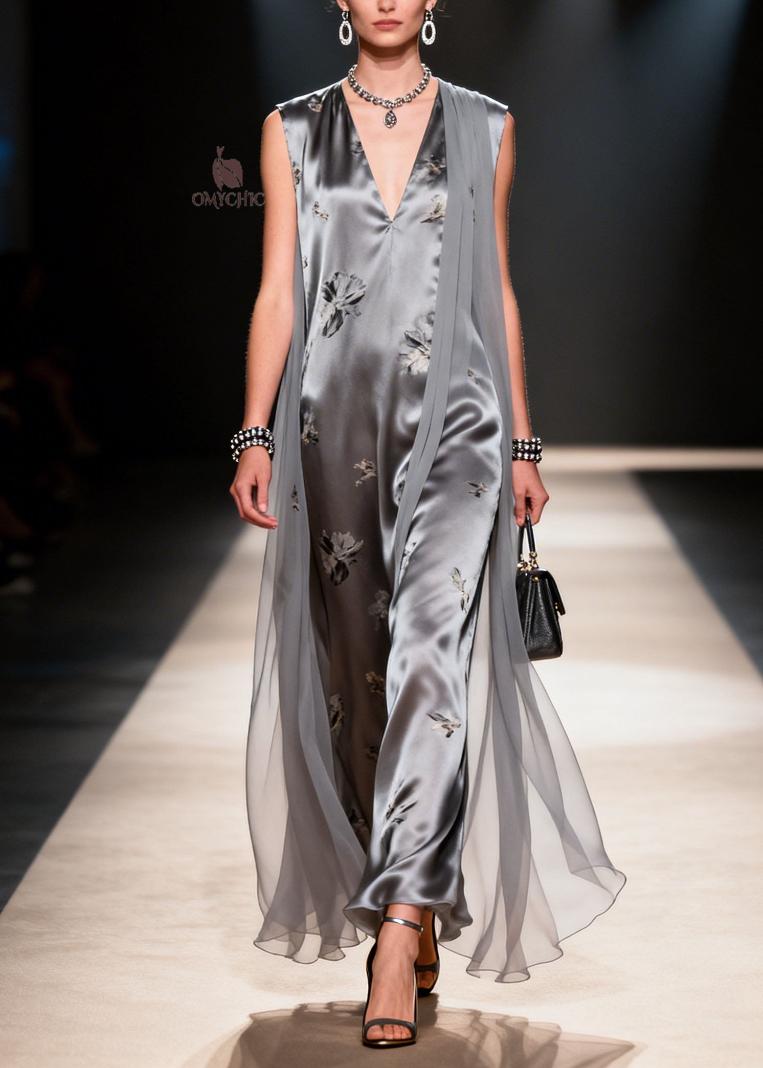 Satin Floral Print Deep V-Neck Sleeveless Sheer Cape Wide Leg Jumpsuit