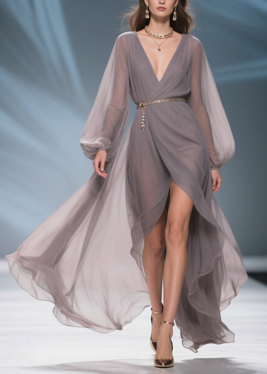 Chiffon Wrap Deep V-Neck Bishop Sleeve Chain Pendant Belt High Split Maxi Gown