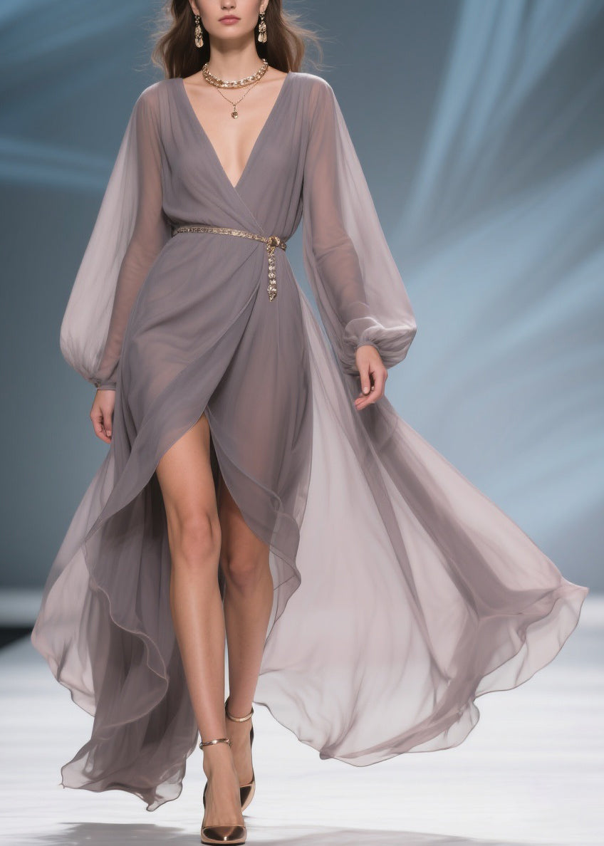 Chiffon Wrap Deep V-Neck Bishop Sleeve Chain Pendant Belt High Split Maxi Gown