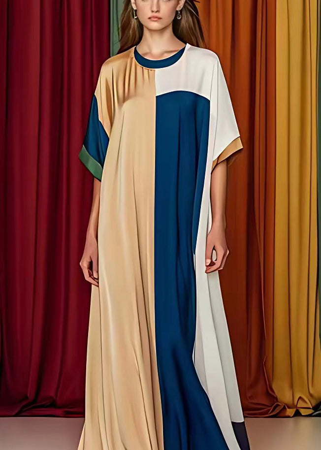 Geometric Color Block Crew Neck Sleeve Kaftan Maxi Dress
