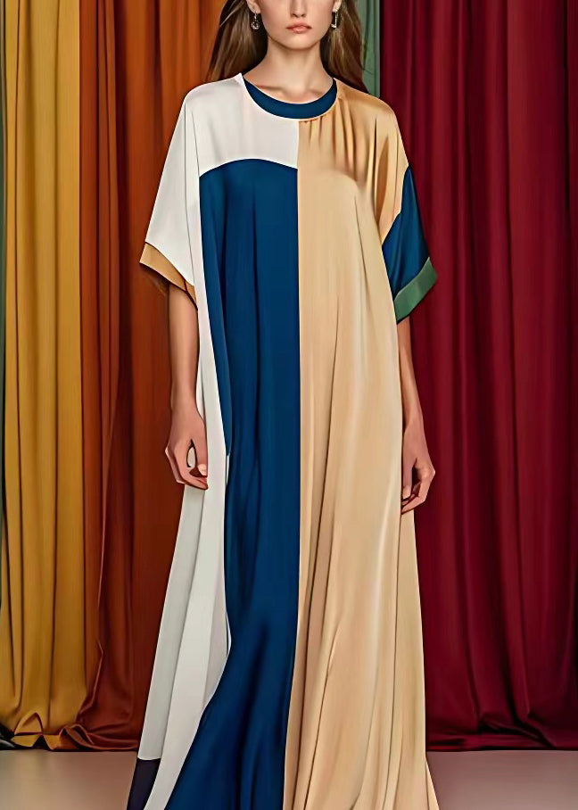 Geometric Color Block Crew Neck Kimono Sleeve Oversized Kaftan Maxi Dress
