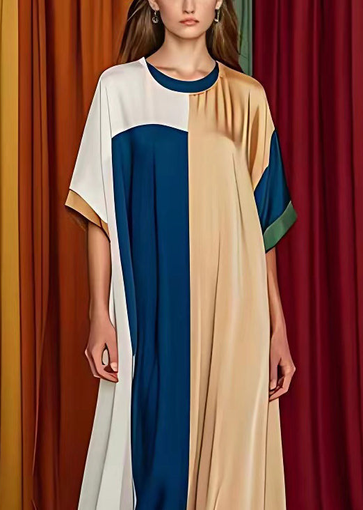 Geometric Color Block Crew Neck Kimono Sleeve Oversized Kaftan Maxi Dress